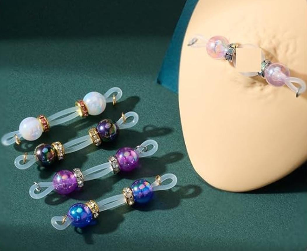 Pair of Womens Fake Nipple Rings - Faux Barbells (Small), Pearl Colors, Everday Wear Fake Piercings, Adjustable Size and Fit