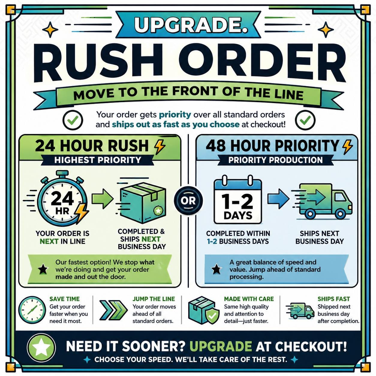 Rush Processing | Move to the front of the line | Order Ships With 24 Hours