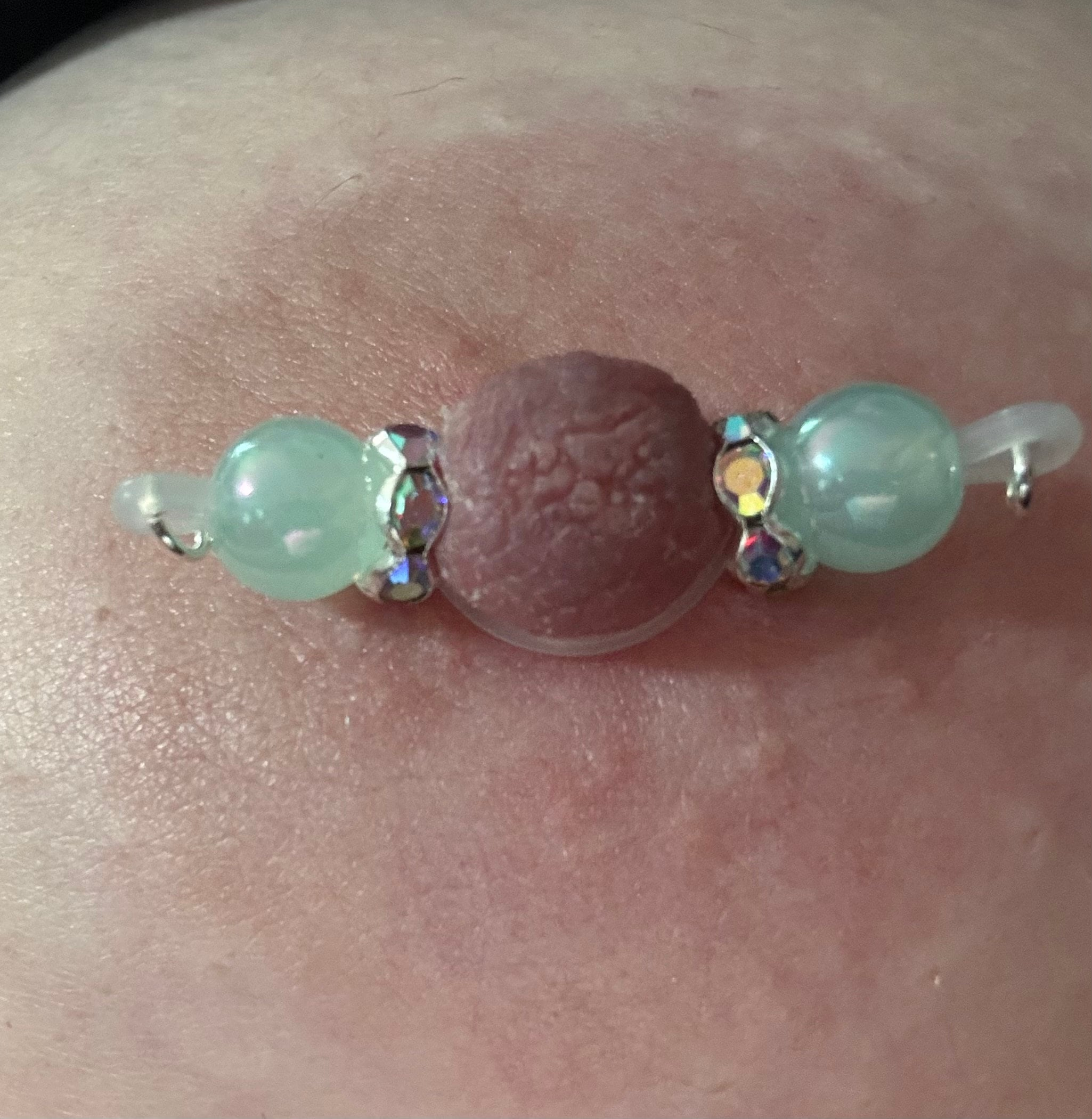 Review photo for Pair of Womens Fake Nipple Rings - Faux Barbells (Small), Pearl Colors, Everday Wear Fake Piercings, Adjustable Size and Fit
